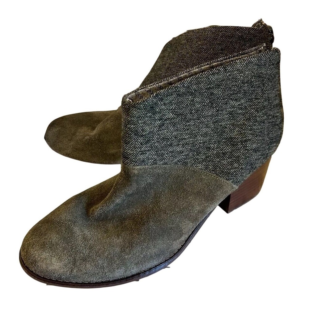 Toms Leila‎ Olive Suede Herringbone Ankle Boots Booties Heels Zipper Women 9.5